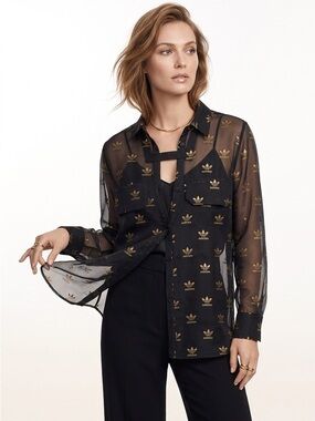 Adidas Black Sheer Button-Up Shirt with Gold Logo Print Size Medium
